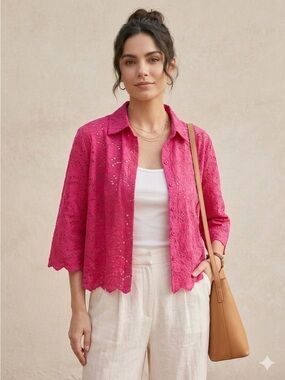 Mango Blouse Overpiece Top Fuchsia pink scalloped eyelet Embroidery cotton sz 10
